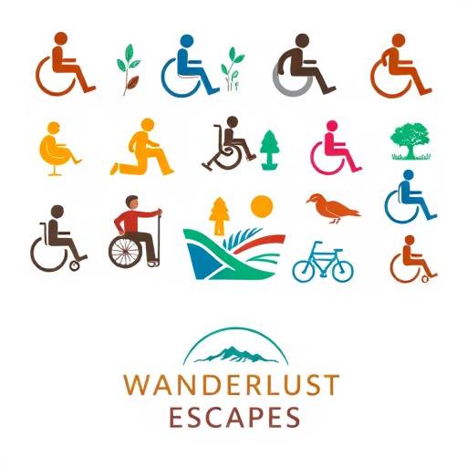 A collage of accessibility icons representing various disabilities, including visual, auditory, cognitive, and motor impairments, accompanied by the Wanderlust Escapes logo