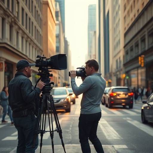 A film crew setting up a scene on a bustling city street