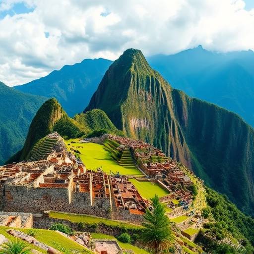 Ancient ruins of Machu Picchu, Peru nestled in the Andes Mountains with lush greenery