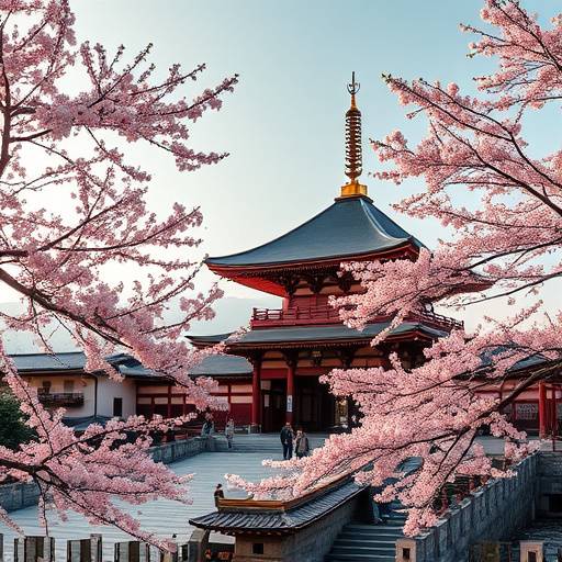 Beautiful Kiyomizu-dera Temple in Kyoto, Japan surrounded by cherry blossoms