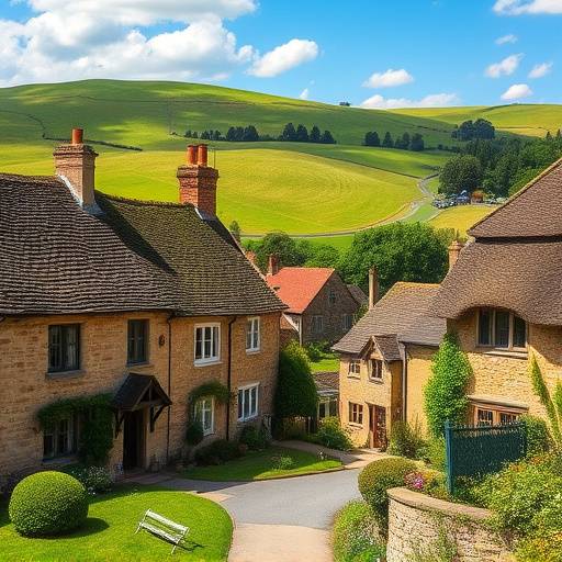 Charming village scene in the Cotswolds, England with stone houses and rolling green hills