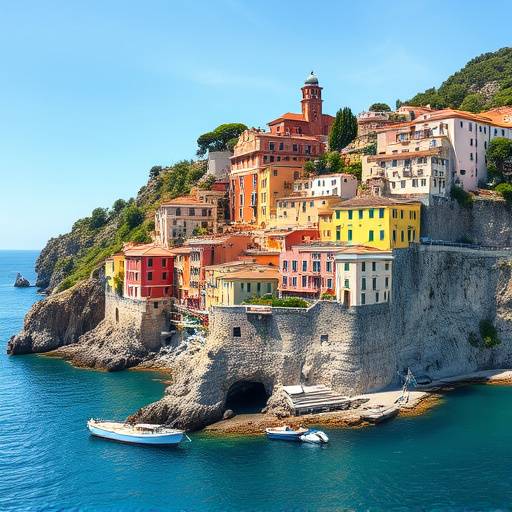 Colorful buildings clinging to the cliffs along the Amalfi Coast, Italy overlooking the Mediterranean Sea