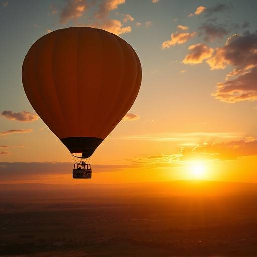 Hot air balloon rising over a landscape at sunrise, perfect for a dramatic film scene