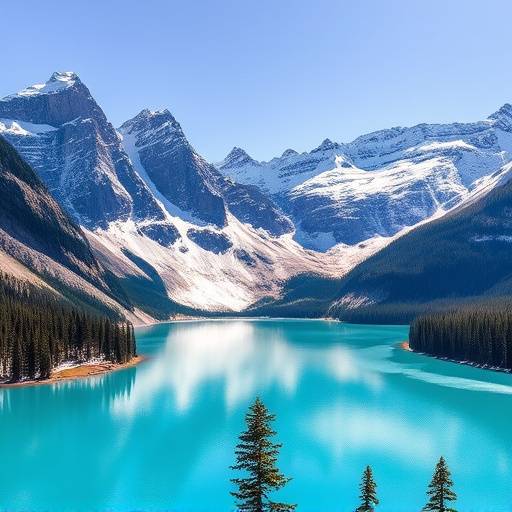 Majestic snow-capped mountains and turquoise waters of Lake Louise in Banff National Park, Canada
