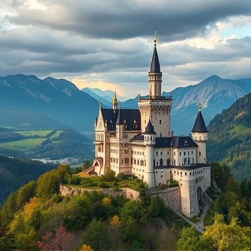 Picturesque view of Neuschwanstein Castle in Bavaria, Germany, nestled in the Alps