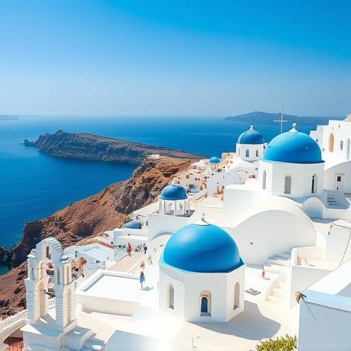 Picturesque view of Santorini, Greece with white buildings and blue domes overlooking the Aegean Sea