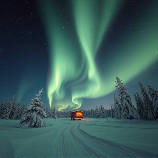 Snowy landscape in Lapland, Finland with Northern Lights (Aurora Borealis) illuminating the sky
