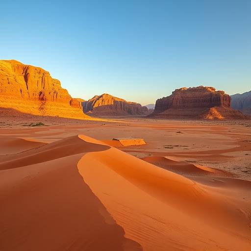 Vast desert landscape in Wadi Rum, Jordan with red sand dunes and sandstone mountains